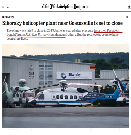 Inquirer headline reading: Sikorsky helicopter plan near Coatesville is set to close