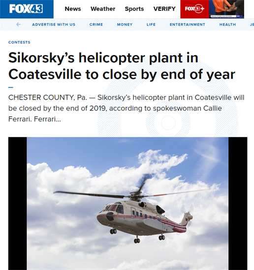 Fox headline reading: Sikorsky's helicopter plant in Coatesville to close by end of year